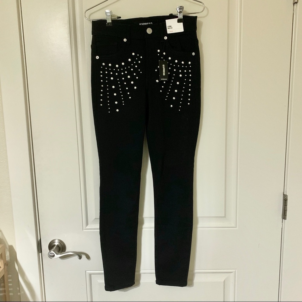 🖤 EXPRESS Black Studded High Waisted Skinny Jean Leggings - Picture 5 of 13